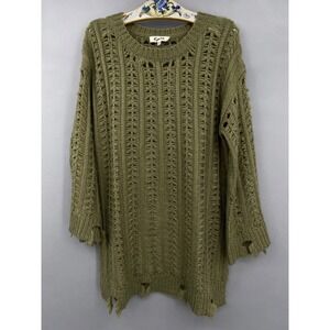 Kye Mi Distressed Open Knit Sweater Women Size‎ Medium Olive Green Boho Grunge